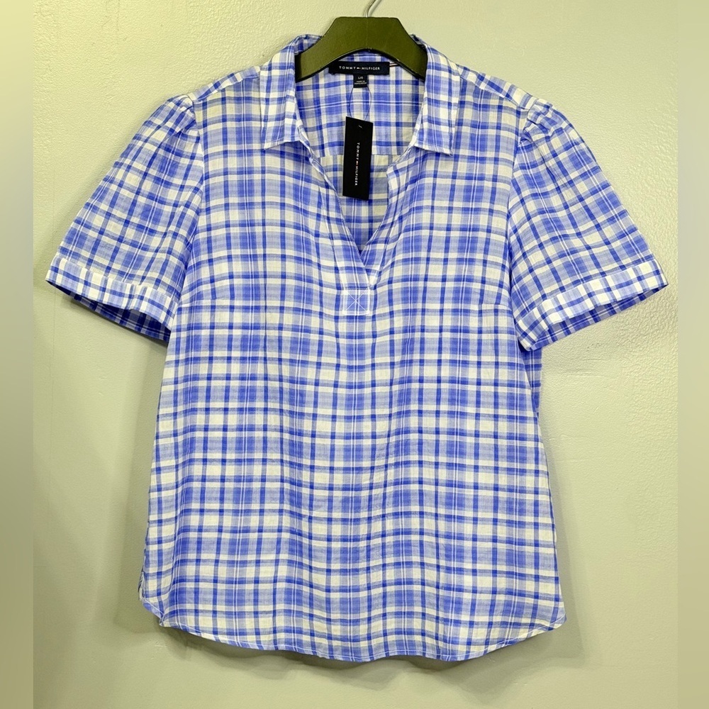 #10) Tommy Hilfiger 99% Cotton Women's Blue and White Checkered Shirt